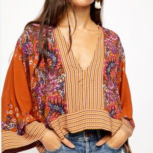 Free People Floral Bohemian Blouse - Brown and Purple